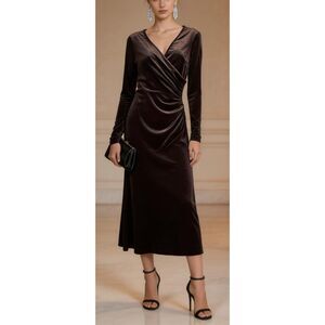 NEW Zaberry Vintage Long Sleeve V-Neck Bodycon Maxi Black Velour Size S